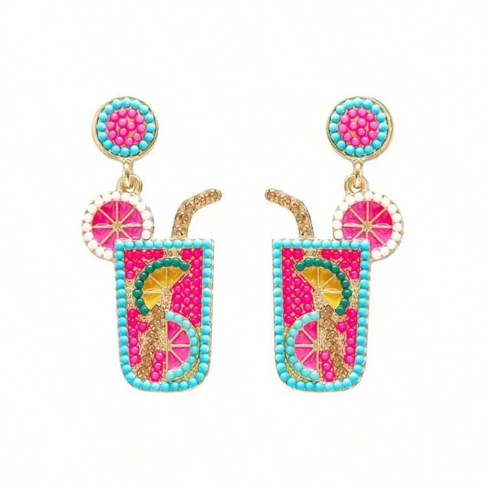 Colourful Summer Drink  Cocktail Earrings Pink Turquoise Blue Gold Tone Lemonade - Picture 2 of 7